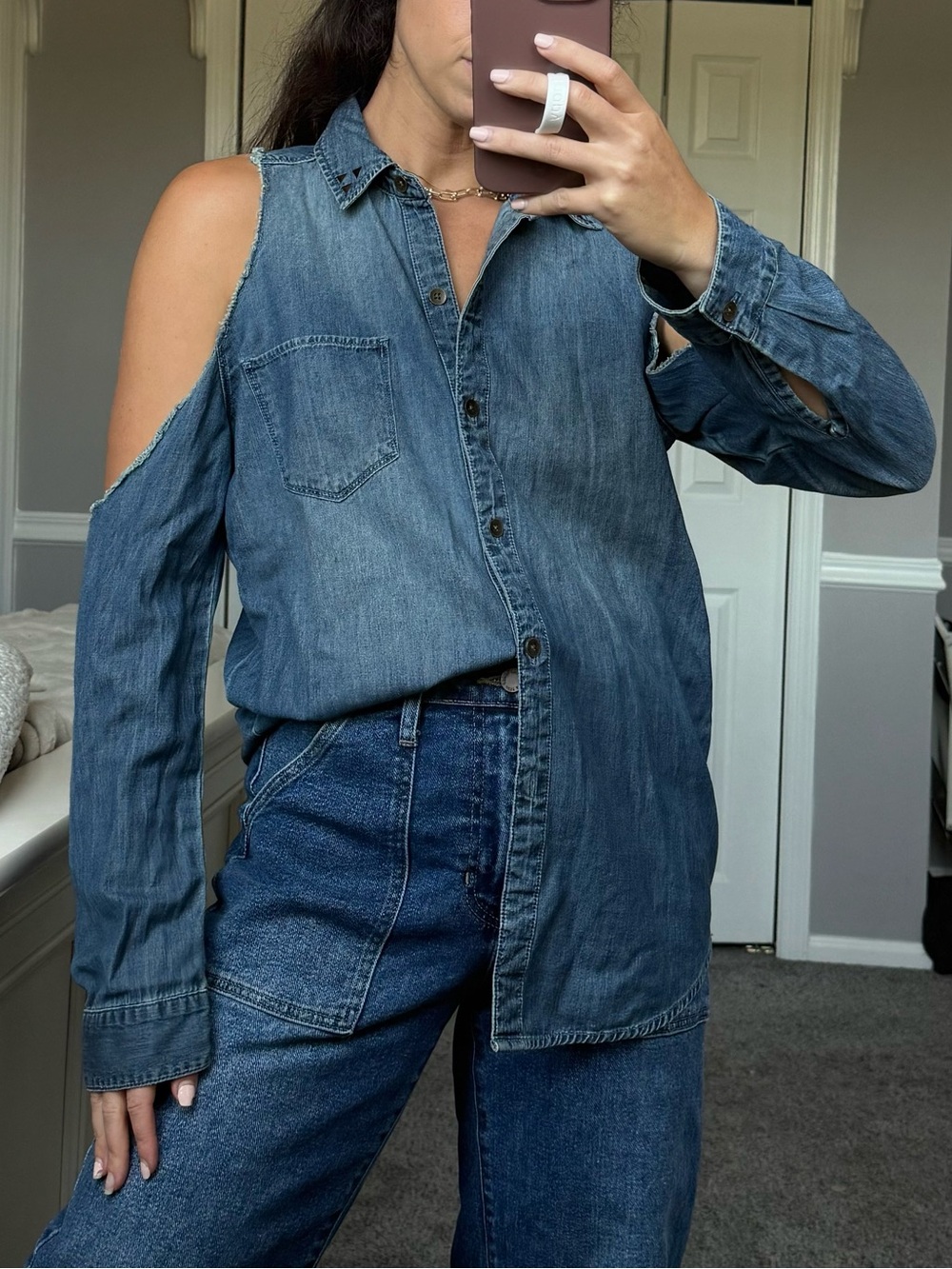 Bullhead Black Women's Denim Cold Shoulder Blouse